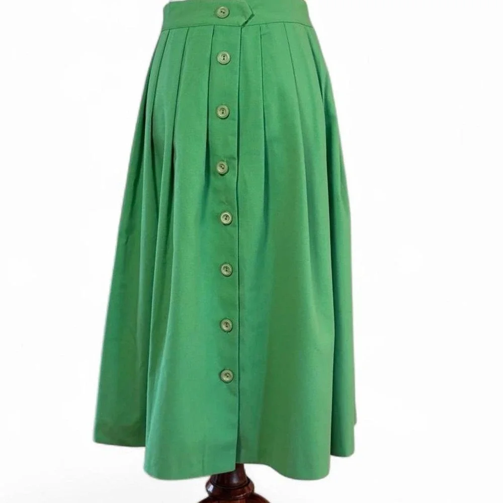 Vintage 70s Green Button Front Pleated Midi Skirt
